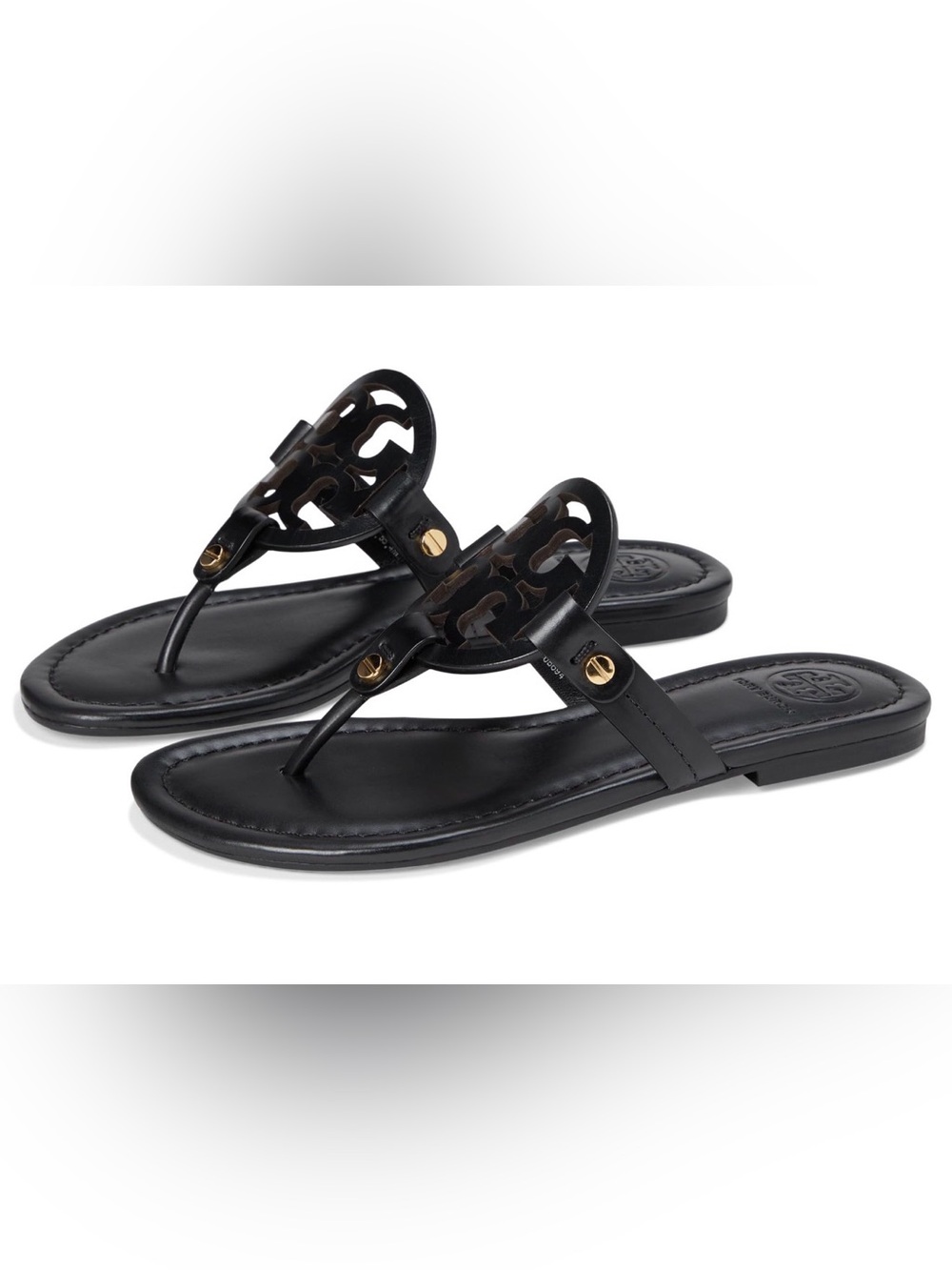NWT Tory Burch Black Miller Leather Logo Thong Sandals with Gold Accents size 9